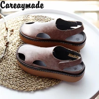 careaymade summer sandals female mori retro literature arthand sewn thick soled hollow shoesoriginal comfortable roman shoes