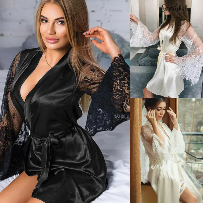 Women's Perspective Pajamas Sexy V-Neck Lace Mesh Nightdress Sleepwear Ladies Silk Robe Nightwear Nightgown |