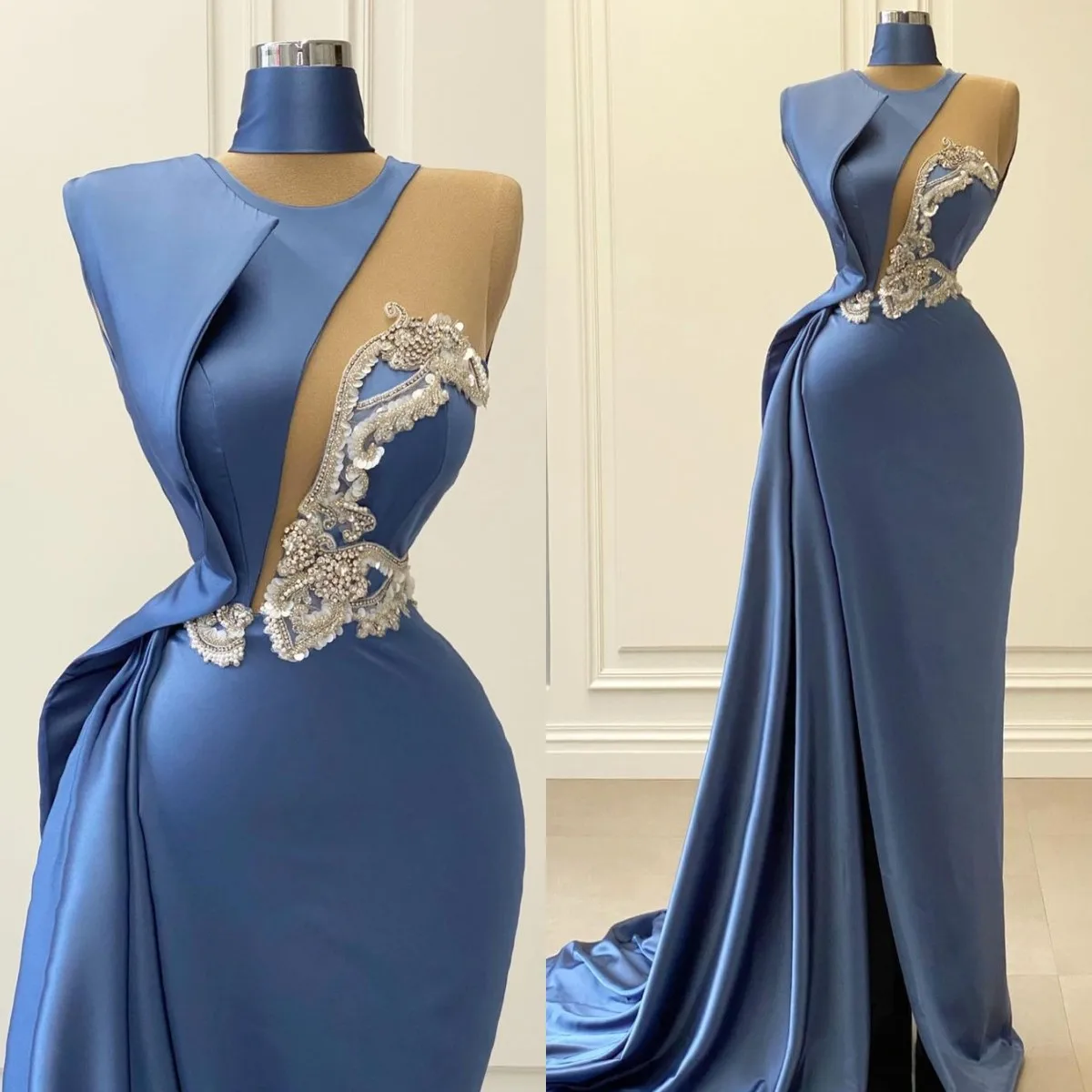 

2021 High Neck Evening Dresses Party Wear Sequins Beaded Side Split Mermaid Prom Dress Custom Made Formal Vestidos De Fiesta