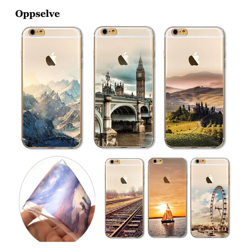 Oppselve Пейзаж чехол для iPhone 8 7 6 6s Plus горы здание морской лодки задняя крышка 8Plus Capinhas