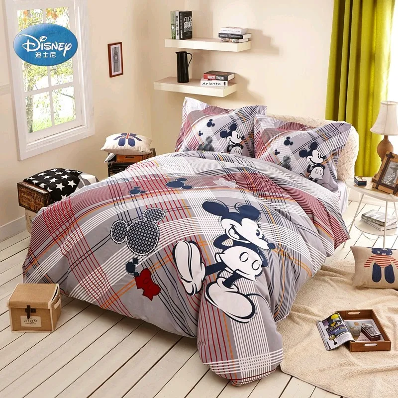 Disney Mickey Mouse 3D Printed Bedding Set Striped Plaid Duvet Bed Cover Pillowcase Bed Sheet Children Adult Bedroom Decor