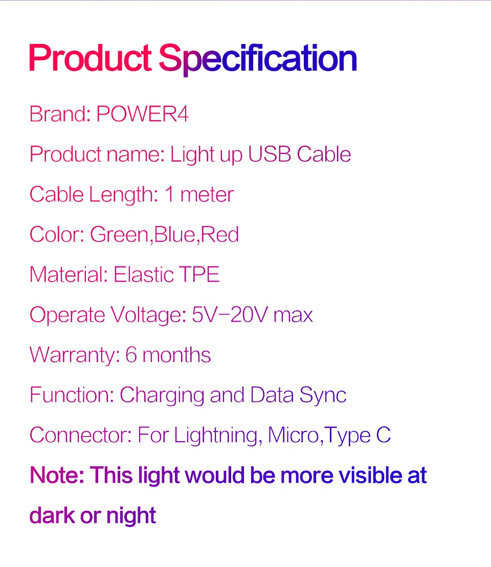 Power4 Светящиеся USB кабели для Lightning/Micro/usb type-C провода для iPhone зарядный кабель освещение для samsung S9 plus/Apple 5 6 7