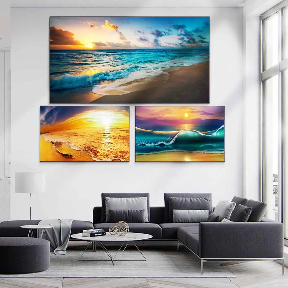 

Landscape oil painting seaside sunrise wave art canvas painting living room corridor office home decoration mural