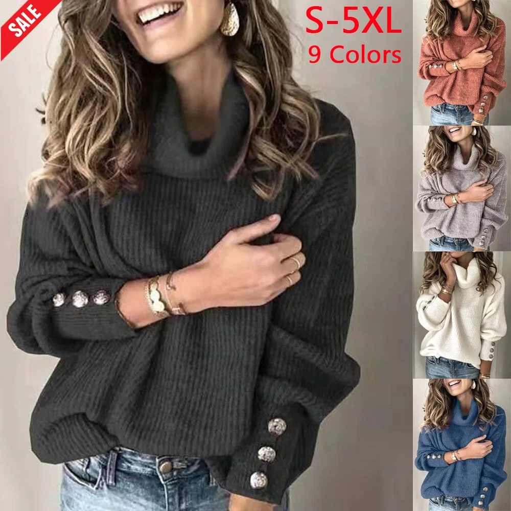 

Plus Size Women's Turtleneck Pullovers 2021 Fashion Womens Sweaters Button Long Sleeve Loose Knitted Sweater Tops for Women New