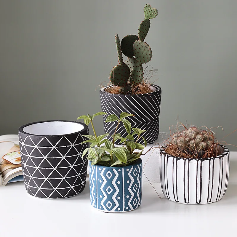 

Cement Flower Pot Nordic Line Simple Living Room Gardening Table Set Desktop Succulent Round Blue Black White Dumb Potted Plant