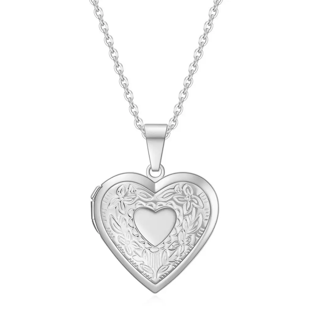 

Unique Carved Design Heart-shaped Photo Frame Pendant Necklace Charm Openable Locket Necklaces Women Men Memorial Jewelry