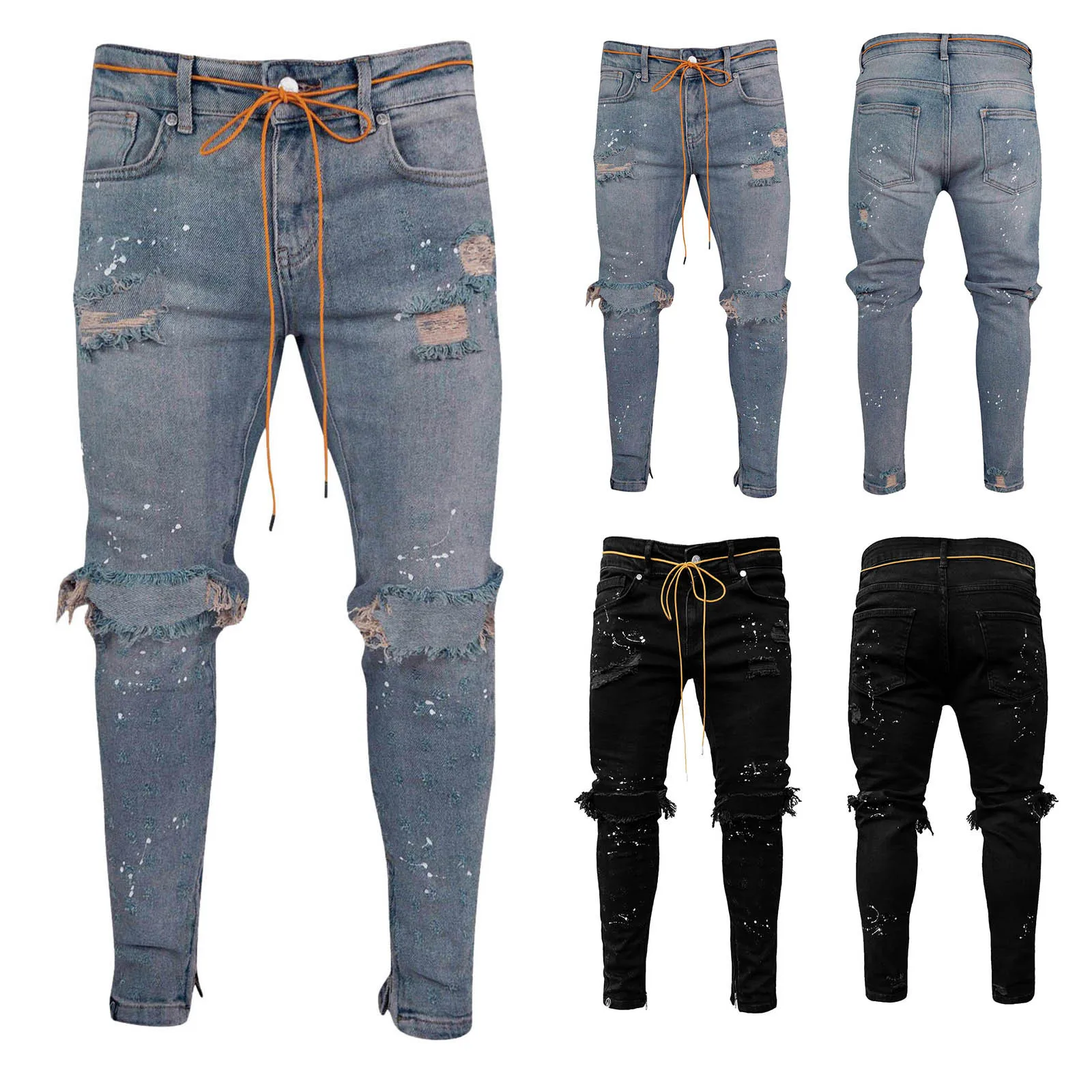 

TELOTUNY Men's Autumn Long Jeans Fashion High Street Slim Ripped Slim Pants Lacing Paint Pants Casual Zipper Denim Pencil Pants