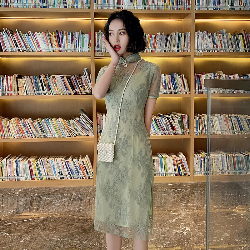 Ципао Новинка весна лето 2020 повседневное кружевное приталенное ретро платье