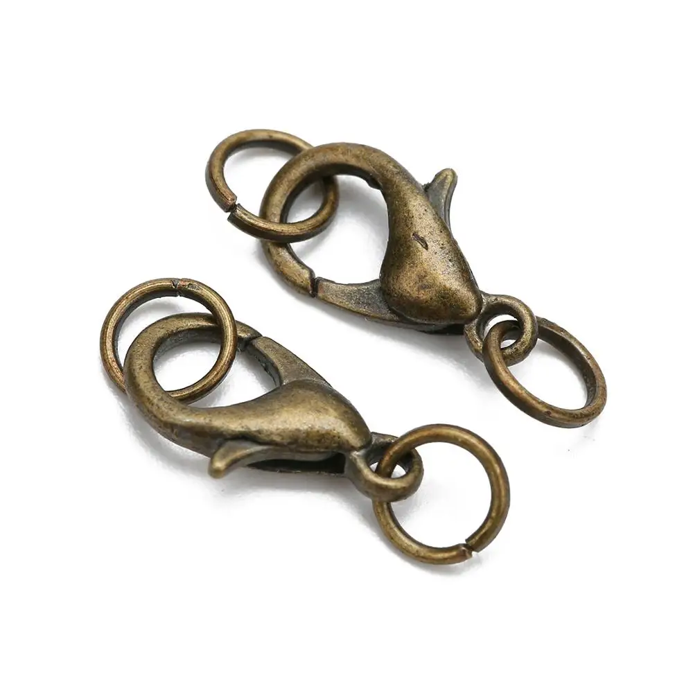 antique bronze 20pcs 10 12 14mm Lobster Clasps Hooks Set Metal Iron Gold Color Jump Rings End Clasps Connectors Necklace Supplies For Jewelry - Цвет: antique bronze