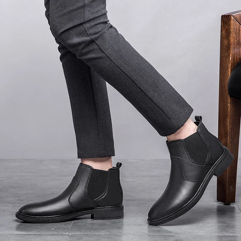 Мужские кожаные ботинки челси коричневые ботильоны без застежек теплые в