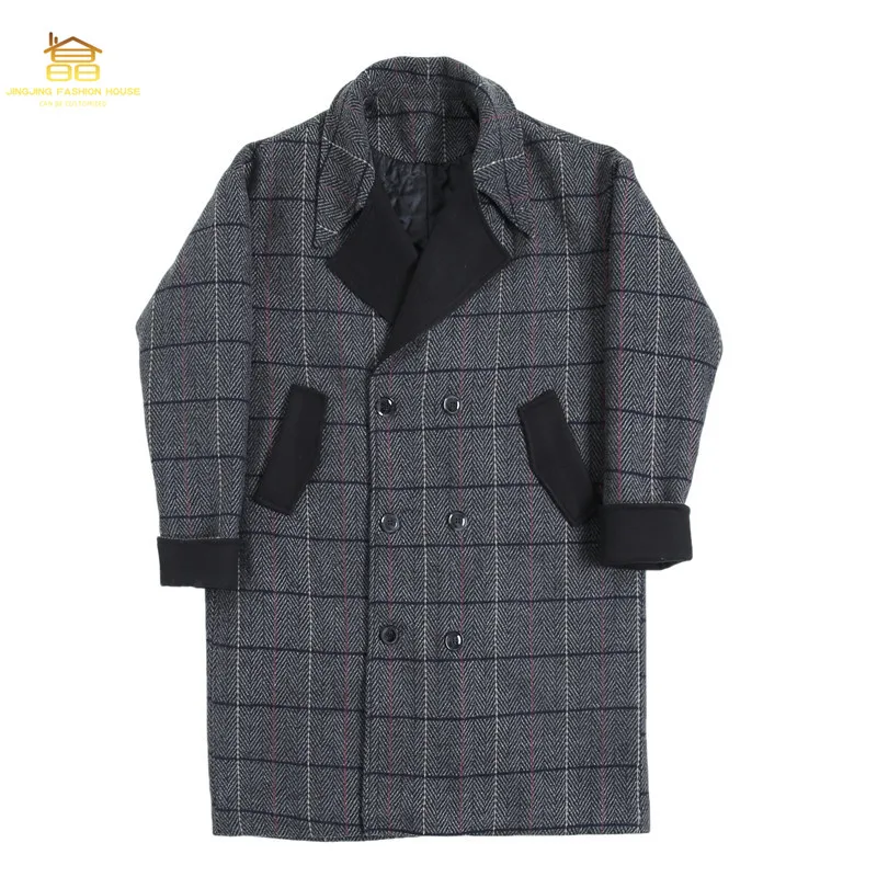 

Winter British style print long woolen coat fashionable men's Korean version double breasted color woollen coat