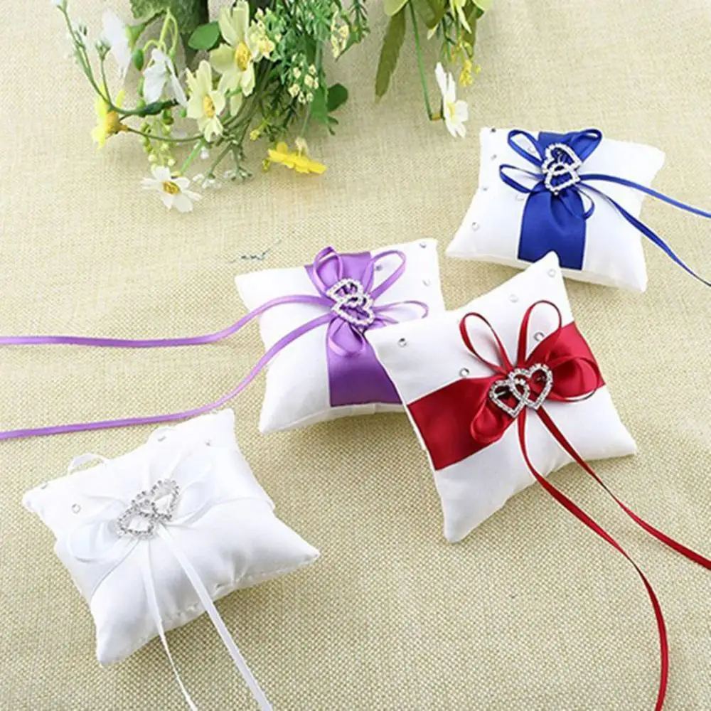 

10x10cm Romantic Bridal Wedding Ring Pillow Double Heart Ribbon Cushion Decor