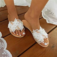 2021 new women white flat sandals luxury pearls bridal wedding shoes lace flowers ankle strap beach roman slippers