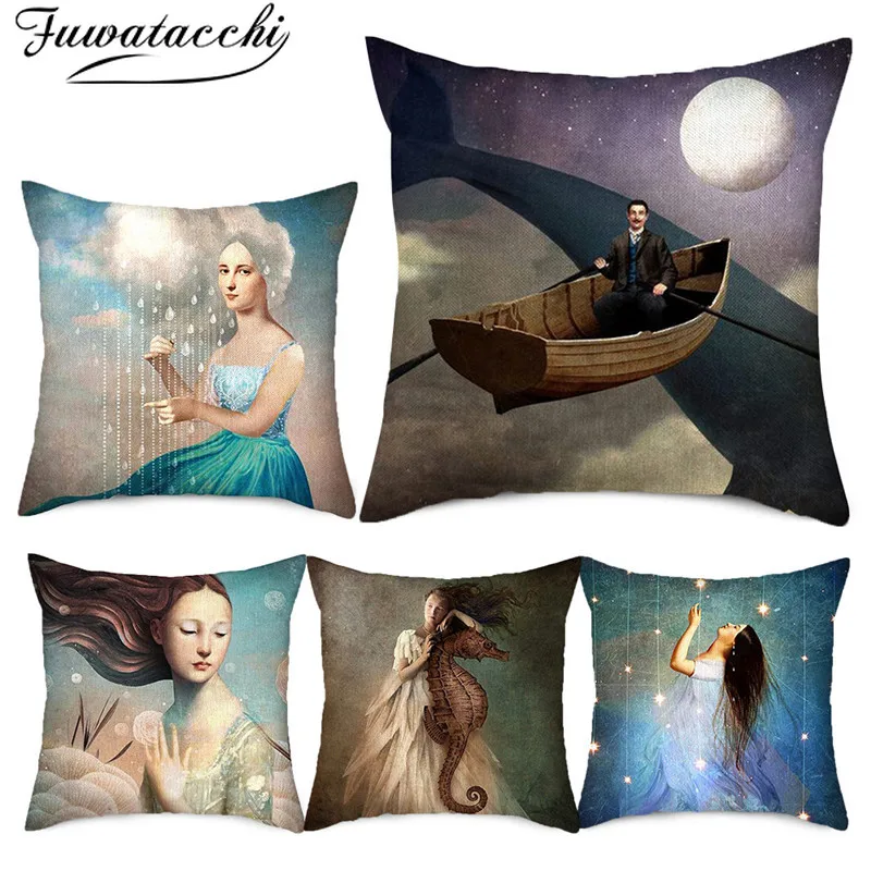 Чехол для подушки из чистого льна Fuwatacchi наволочка с мультяшным рисунком