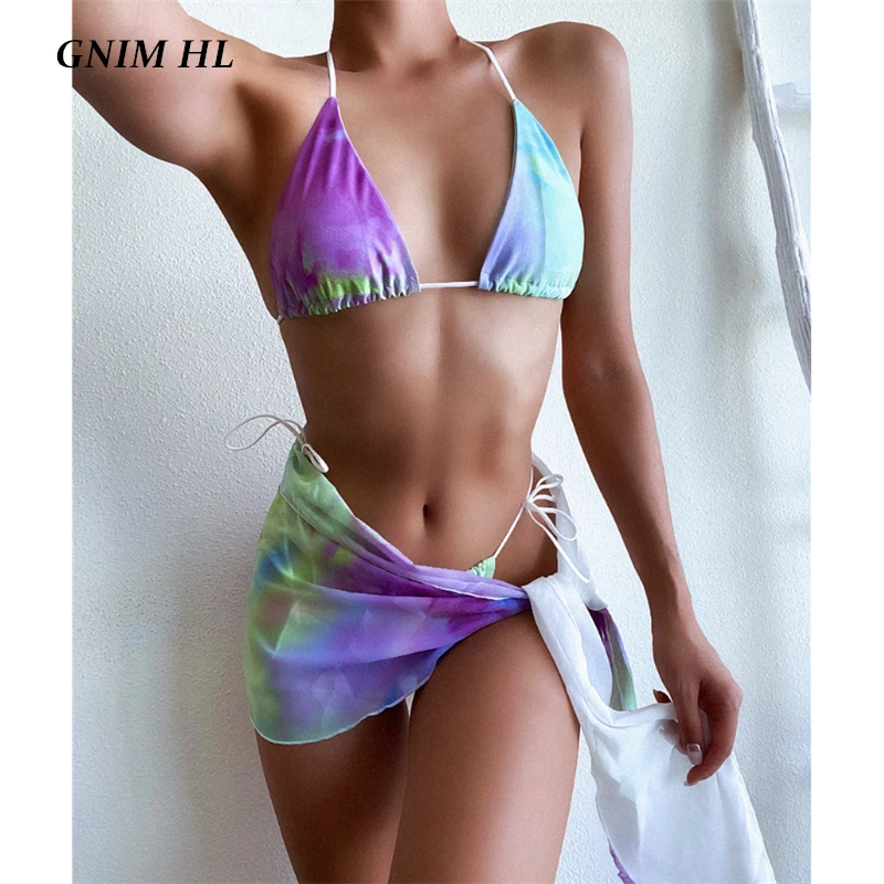 

GNIM Sexy Thong Bikini Set 2020 Summer Three Pieces Swimwear Women Bandage Backless Swimsuit Beachwear Print Swimming Suit Women