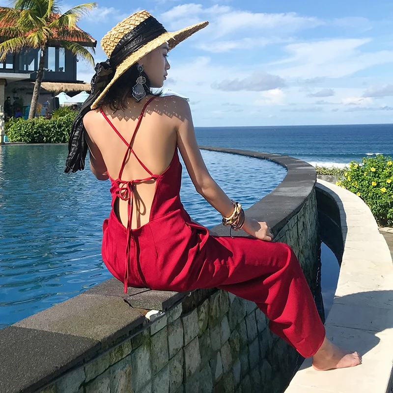 Летний Бургундский женский комбинезон элегантный тропический с широкими