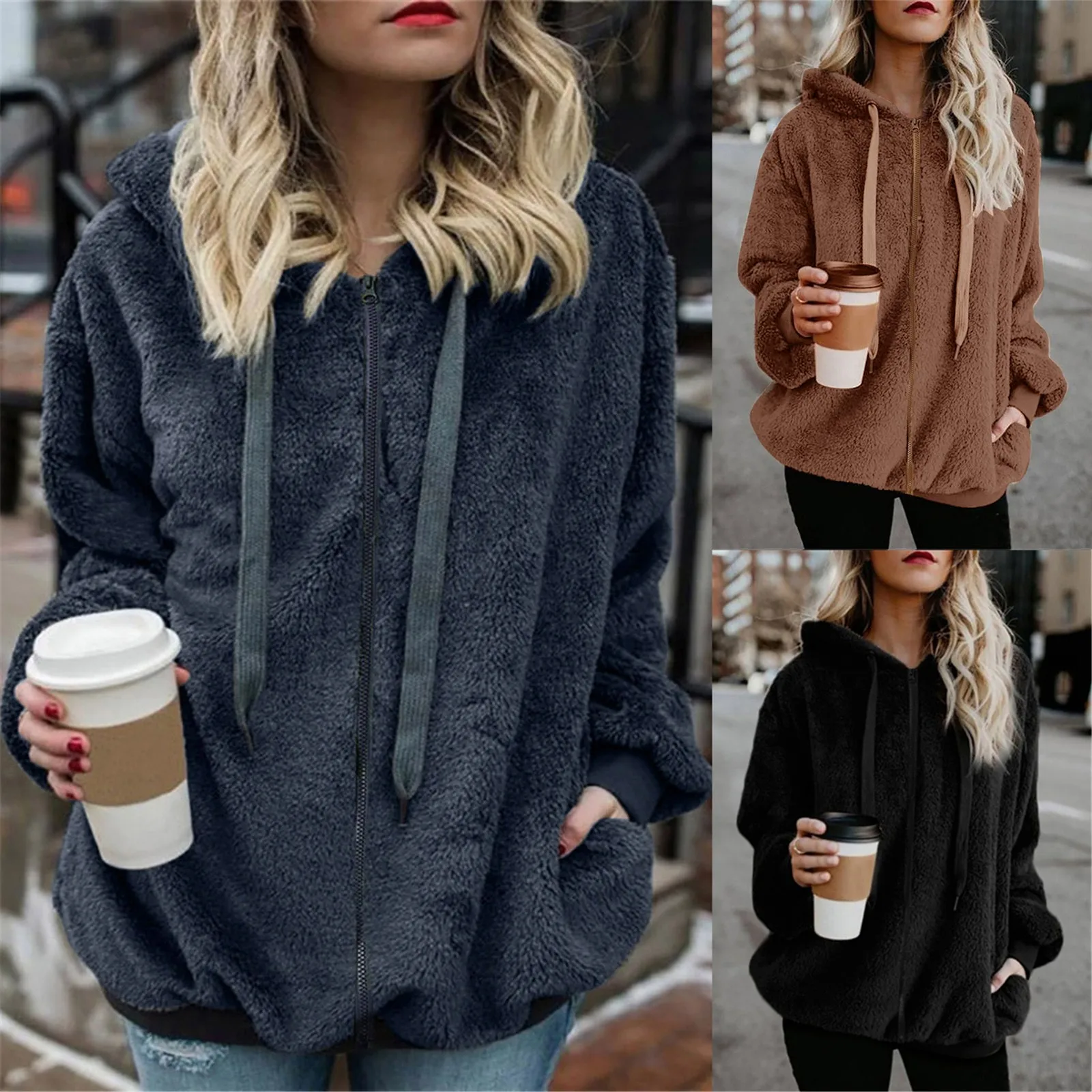 

Ladies Thickened Overcoat Plus Size Solid Color Winter Long Sleeve Faux Fur-Fuzzy Hoodie Outwear Coat with Zipper