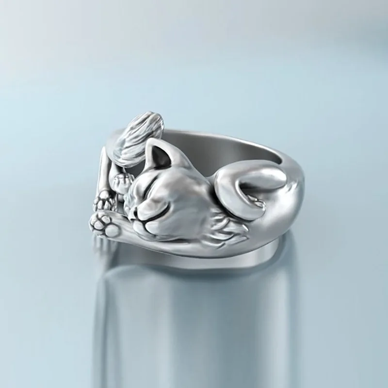 

Silver Color Cute Fortune Cat Shape Rings For Women Opening Rings Cocktail Party Finger Ring Exquisite Girl Gift Fashion Jewelry