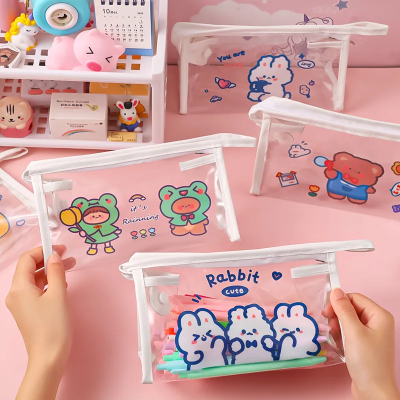 

Вместительный Прозрачный чехол для карандашей с медведем для студентов, простой красивый портативный водонепроницаемый чехол для космети...