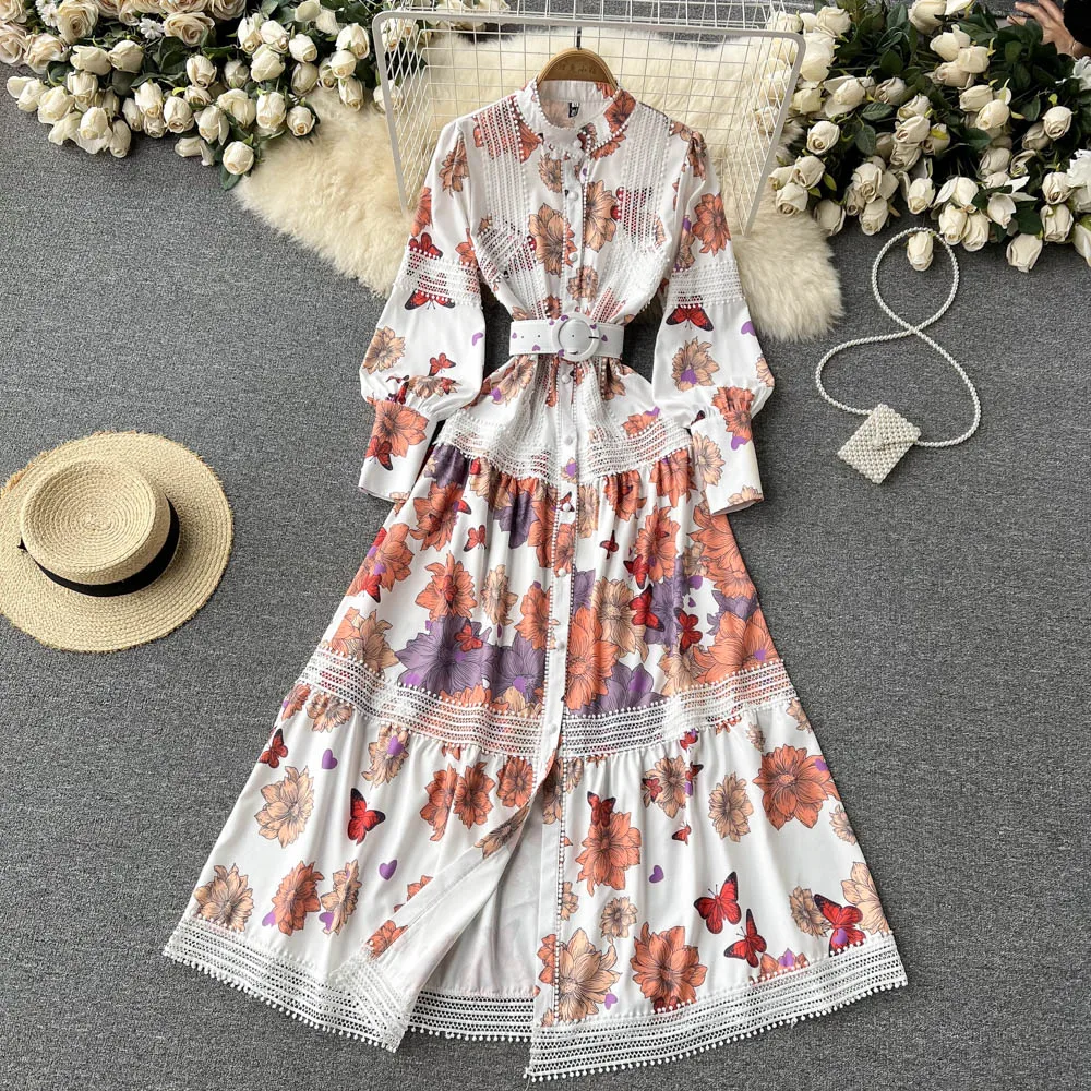 

Merchall Retro Floral Print Maxi Dress 2022 Spring Elegant Stand Collar Lantern Sleeve Single-breasted Women's Clothing M66081