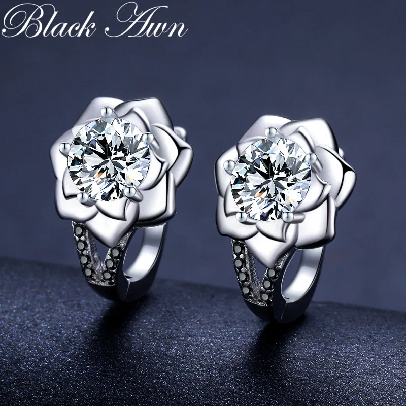 Black Awn Silver Color Round Trendy Spinel Engagement Flower Hoop Earrings for Women Jewelry Bijoux I152 | Украшения и аксессуары