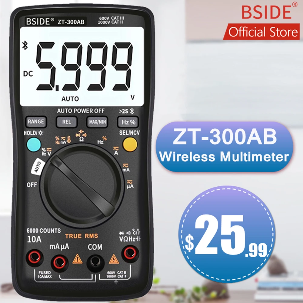 

BSIDE ZT-300AB Wireless Digital Multimeter True RMS Manual/Auto Ranging 6000 Counts DMM Voltage Capacitance Temp Amp Ohm Diode