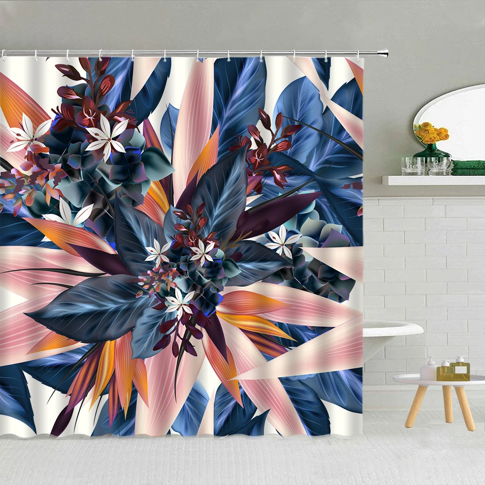 

Leaves Printed Shower Curtains Green Tropical Plants Feather Bird Waterproof Bathroom Bathtub Decor Polyester Cloth Curtain Set