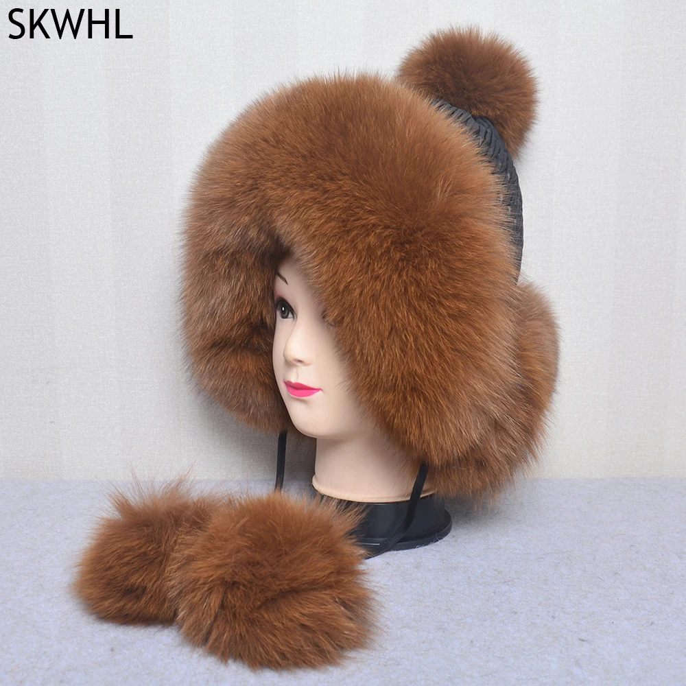 

Winter Women's Bomber Hat with Pompom Ponytail Real Fox Fur Earflap Hats Warm Soft Russian Ushanka Thicken Trapper Snow Ski Cap