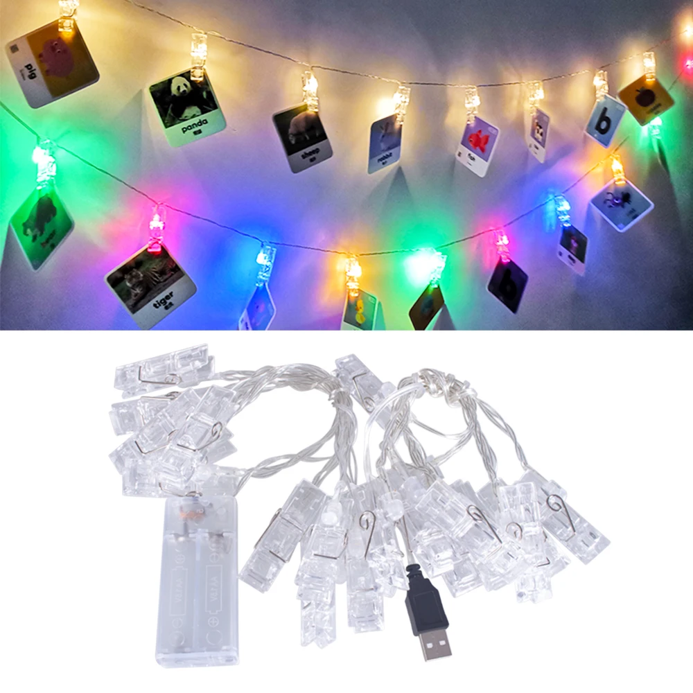 Светодиодная гирлянда с зажимом для фото уличная на батарейках USB Рождественское