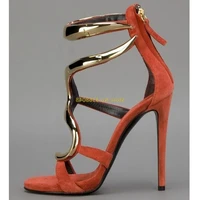 metallic golden snake design sandals open toe stiletto high heel cover heel back zippr suede cut out fashion women dress shoes