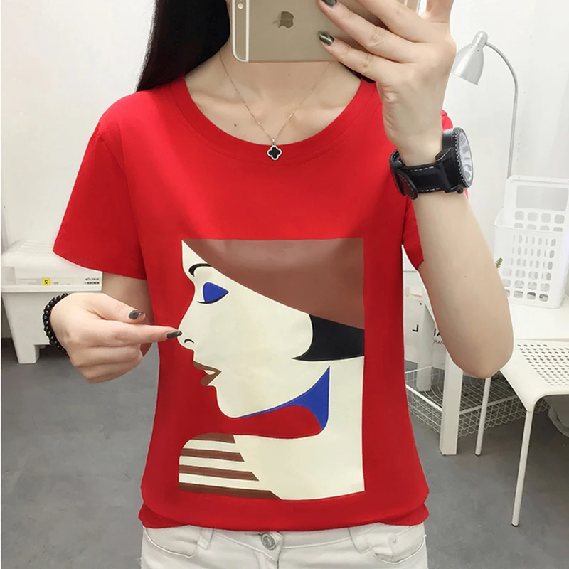

AOSSVIAO 2021 Cotton Korean Tshirt Women Clothing Summer Tops Tshirt Short Sleeve Casual Loose Print Tee shirt Femme Plus Size