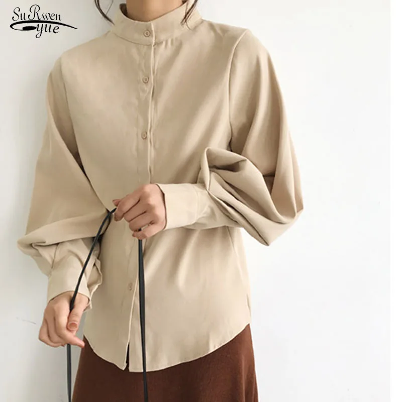 

2021 New Fashion Womens Tops and Blouses Casual Shirt Lantern Long Sleeve Women Blouse Solid Stand Collar Women Clothing 2516