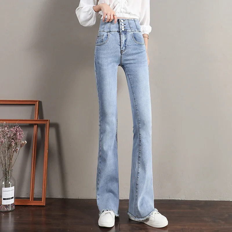 Women Fashion Flare Jeans High Waist Slim-Fit Casual Bell-bottom Buttons Up Stretch Jeans Thicken Warm Hot Lining Winter Wear