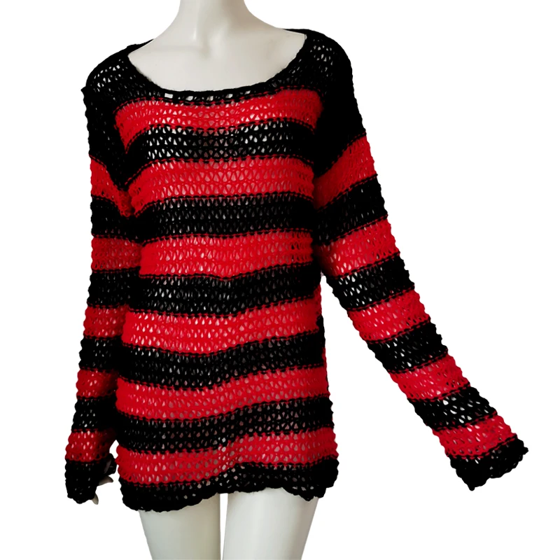 

Gothic Sexy Hollow Knitted Loose Sweater Thin Stretch O Neck Hole Cool Dress Top Stripe Dark Goth Lolita Rock Streetwear