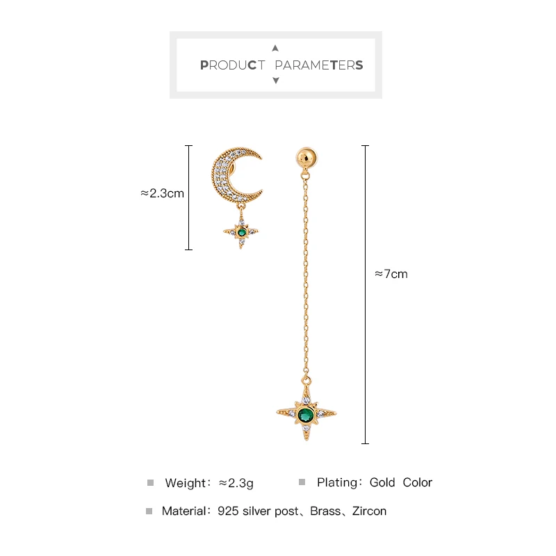 

High Quality Simple Design Cute Drop Earring For Women Asymmetry 4 Color Zircon Moon Earring Charming Birthday Gift Jewelry