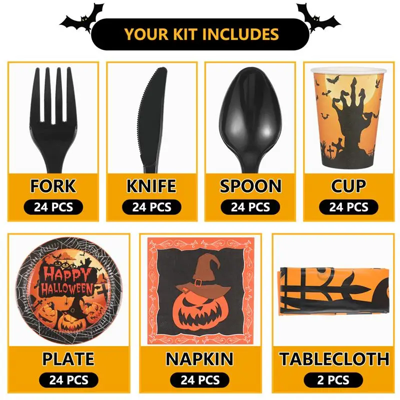 Набор посуды на Хэллоуин принадлежностей для праздновечерние включает тарелки