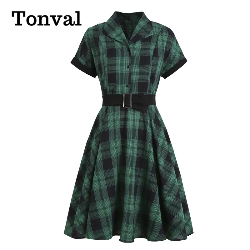 

Tonval 50s Style Vintage Green Plaid Pinup Swing Dresses for Women Button Up Short Sleeve Belted Elegant A Line Retro Dress