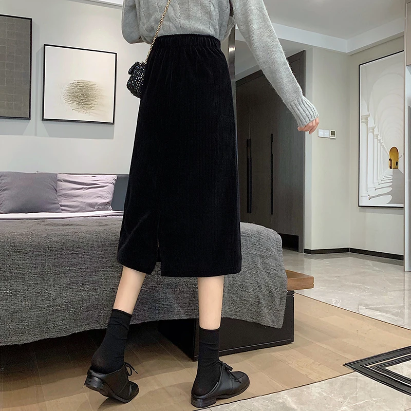 

High Waist Midi Corduroy Split Skirt Women A Line Streetwear Skirts Female Pockets Skirts 2021 Spring Autumn Elegant Skirts