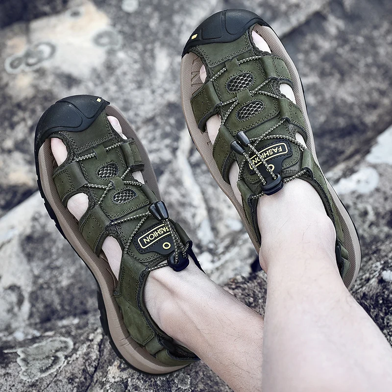 Fashion Soft Leather Men Sandals Summer Trekking Sandals Men Roman Shoes Outdoor Travel Men's Leather Sandals Large Size 38-48