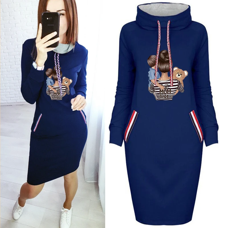 

Mom&baby Print Dress Women Bodycon Fashion Cute Dresses Long Sleeve Party Black Vintage Short Dress Harajuku 2021