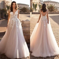 graceful v neck beach wedding dresses 2022 backless 3d floral appliqued lace bridal gowns tulle vestido de novia plus size