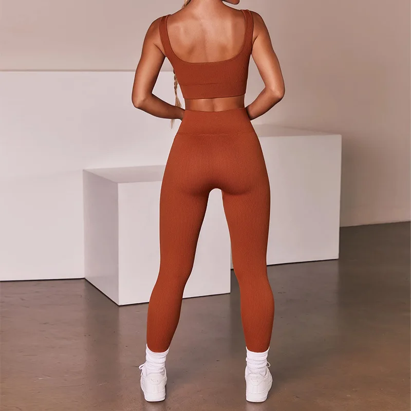 

U Collar Seamless Sport Set Women Brown Two 2pcs Piece Crop top Bra Leggings Yoga Sportsuit Workout Outfit Fitness Gym Clothes
