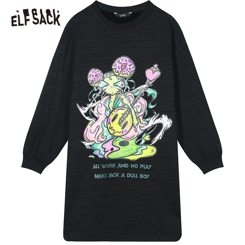 

ELFSACK Funny Graphic Print Casual Sweatshirt Dresses Women,2020 Autumn ELF Vintage Full Sleeve Korean Ladies Daily Preppy Dress