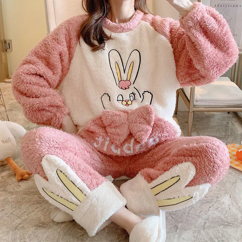 Coral Velvet Pajamas Women's Autumn and Winter New Flannel Large Lovely Home Clothes Set