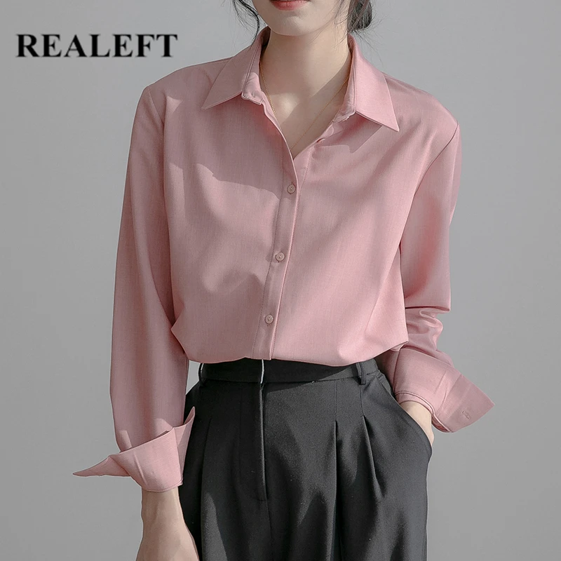 

REALEFT Elegant OL Style Formal Women's Blouse Turn-down Long Sleeve Shirts Female Workwear Chic Tops 2021 New Spring Summer
