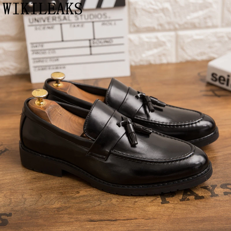 Туфли с кисточками мужские свадебные лоферы кожаные модельные туфли черные