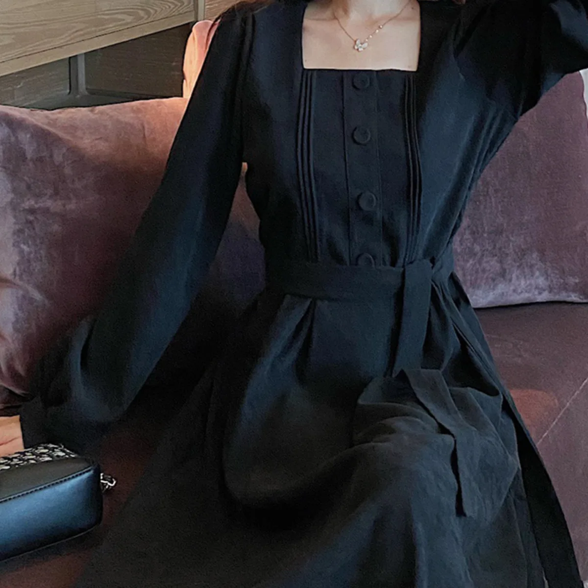 

Burgundy Prom Dresses With Sashes Plus Size Black Square Collar Long Sleeve Elegant Long Evening Party Gowns Robe Soiree Longue