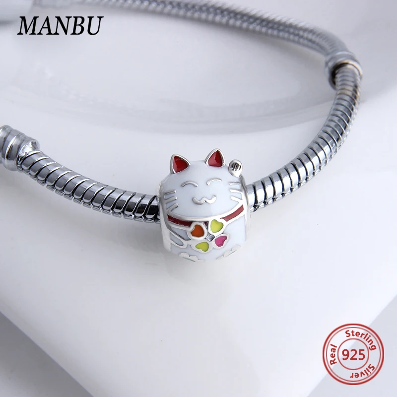 MANBU Серебро 925 оригинальные амулеты трендовые милые бусины кошка fit pandora браслет