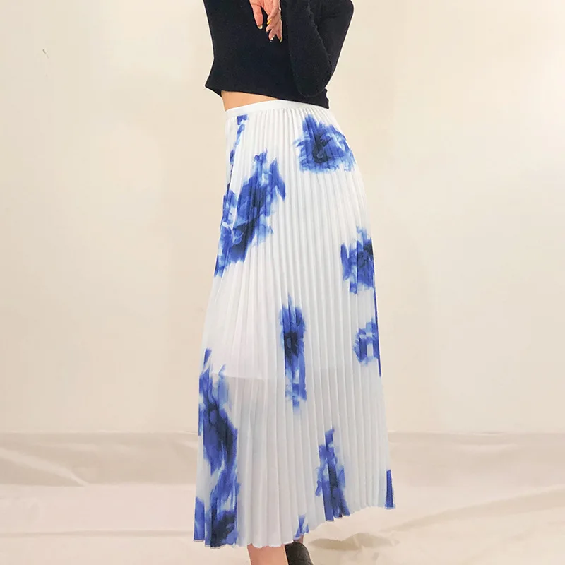 Miyake designer women's pleated autumn solid color pleated skirt skirt elastic waist loose draped print long A-line skirt