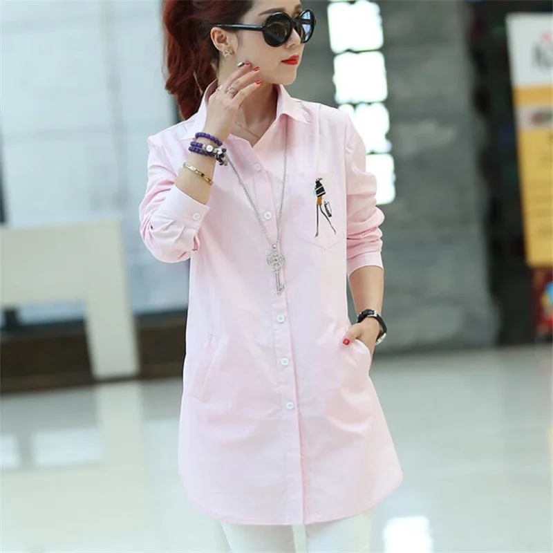 

Women's Blouses Long Shirts Elegant Cartoon Embroidery Lapel Buttons Autumn Shirtdress Tops Pink Offce Femme Blusa Casual Shirts